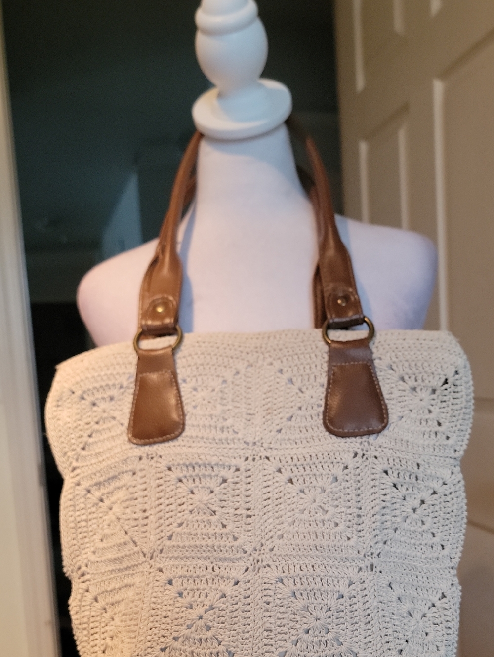 Vegan Beige Crochet Tote with Brown Leather Handles